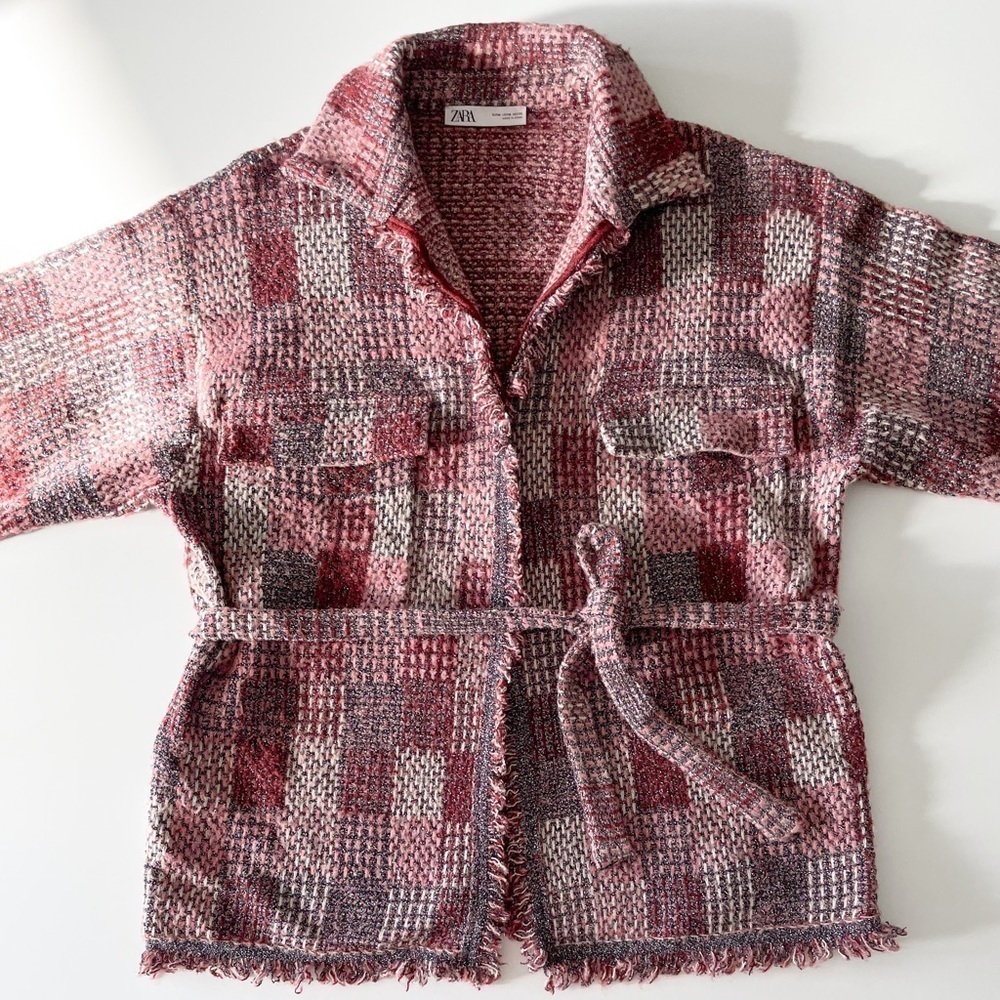 Zara Tweed Patchwork Belted Jacket - Picture 4 of 15